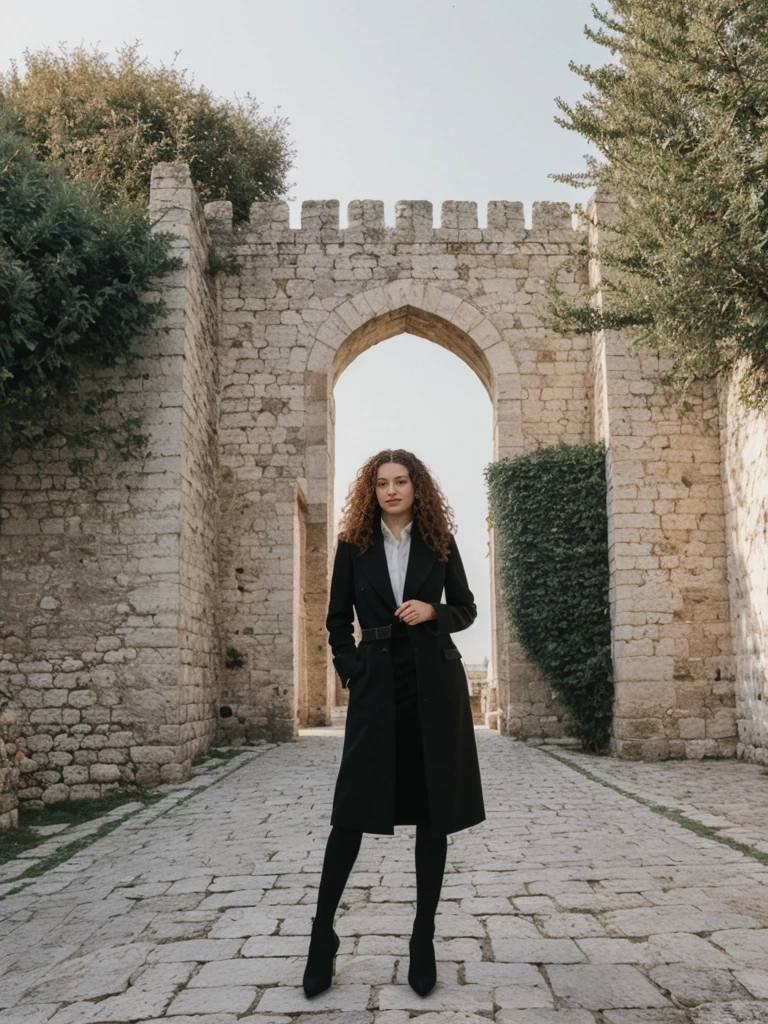 her name is Amelie, high quality, 1girl, ((25-year-old fit Caucasian woman)), ((25 years old)), ((BODY TYPE: HOURGLASS)), ((LONG CURLY HAIR)), pose: standing, wearing Well-dressed ULTRA MODERN Generation-Z modern wear VARIETY colored, BACKGROUND: "Walking along the ancient city walls with panoramic views of the red-tiled roofs and the shimmering Adriatic Sea."