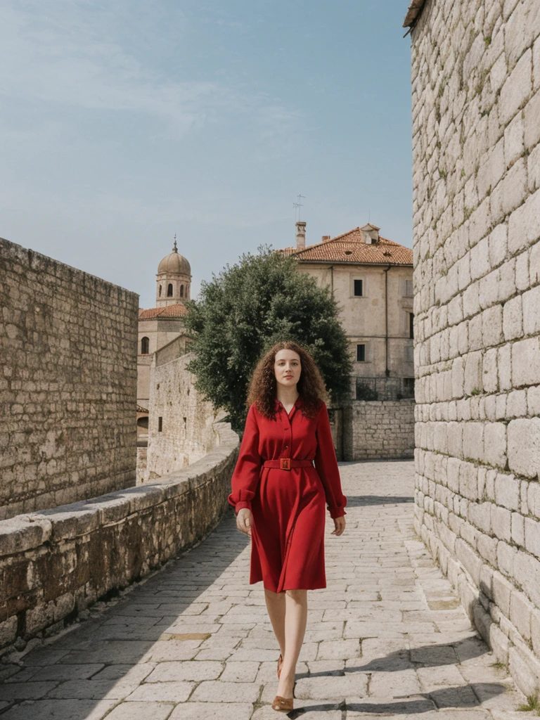 her name is Amelie, high quality, 1girl, ((25-year-old fit Caucasian woman)), ((25 years old)), ((BODY TYPE: HOURGLASS)), ((LONG CURLY HAIR)), pose: standing, wearing Well-dressed ULTRA MODERN Generation-Z modern wear VARIETY colored, BACKGROUND:  "Walking along the ancient city walls with panoramic views of the red-tiled roofs and the shimmering Adriatic Sea."