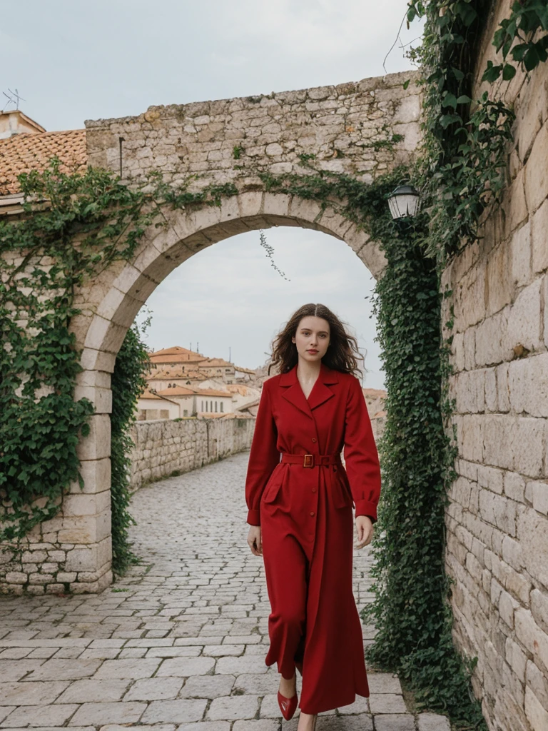 her name is Amelie, high quality, 1girl, ((25-year-old fit Caucasian woman)), ((25 years old)), ((BODY TYPE: HOURGLASS)), ((LONG CURLY HAIR)), pose: standing, wearing Well-dressed ULTRA MODERN Generation-Z modern wear VARIETY colored, BACKGROUND:  "Walking along the ancient city walls with panoramic views of the red-tiled roofs and the shimmering Adriatic Sea."