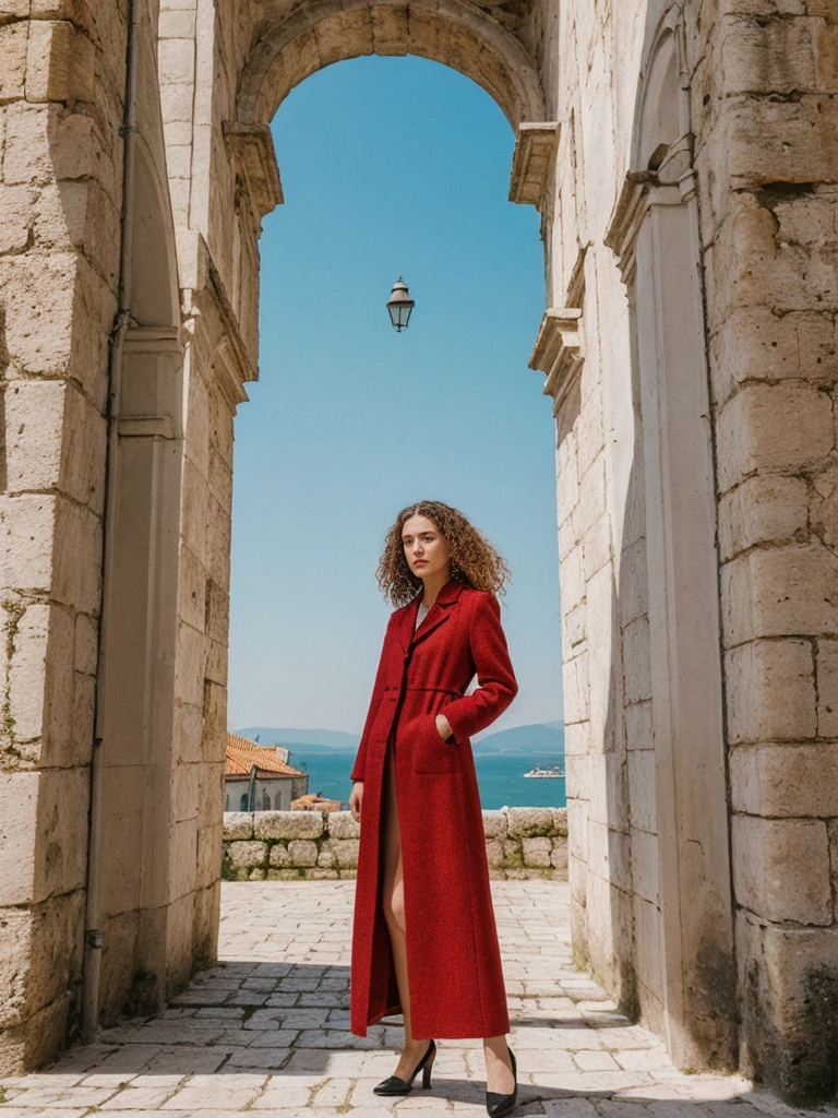 her name is Amelie, high quality, 1girl, ((25-year-old fit Caucasian woman)), ((25 years old)), ((BODY TYPE: HOURGLASS)), ((LONG CURLY HAIR)), pose: standing, wearing Well-dressed ULTRA MODERN Generation-Z modern wear VARIETY colored, BACKGROUND:  "Walking along the ancient city walls with panoramic views of the red-tiled roofs and the shimmering Adriatic Sea."