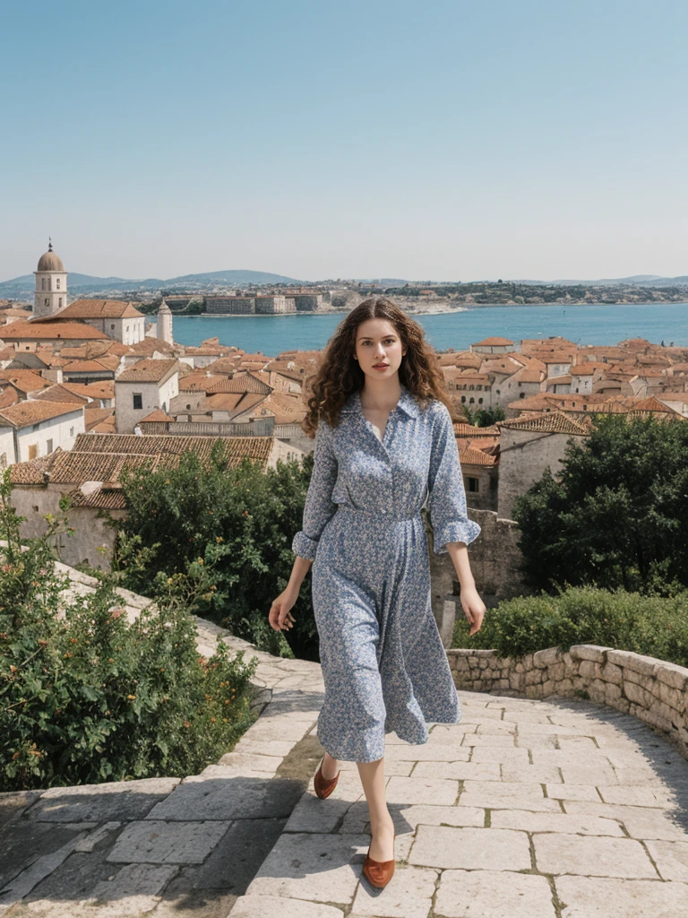 her name is Amelie, high quality, 1girl, ((25-year-old fit Caucasian woman)), ((25 years old)), ((BODY TYPE: HOURGLASS)), ((LONG CURLY HAIR)), pose: standing, wearing Well-dressed ULTRA MODERN Generation-Z modern wear VARIETY colored, BACKGROUND:  "Walking along the ancient city walls with panoramic views of the red-tiled roofs and the shimmering Adriatic Sea."