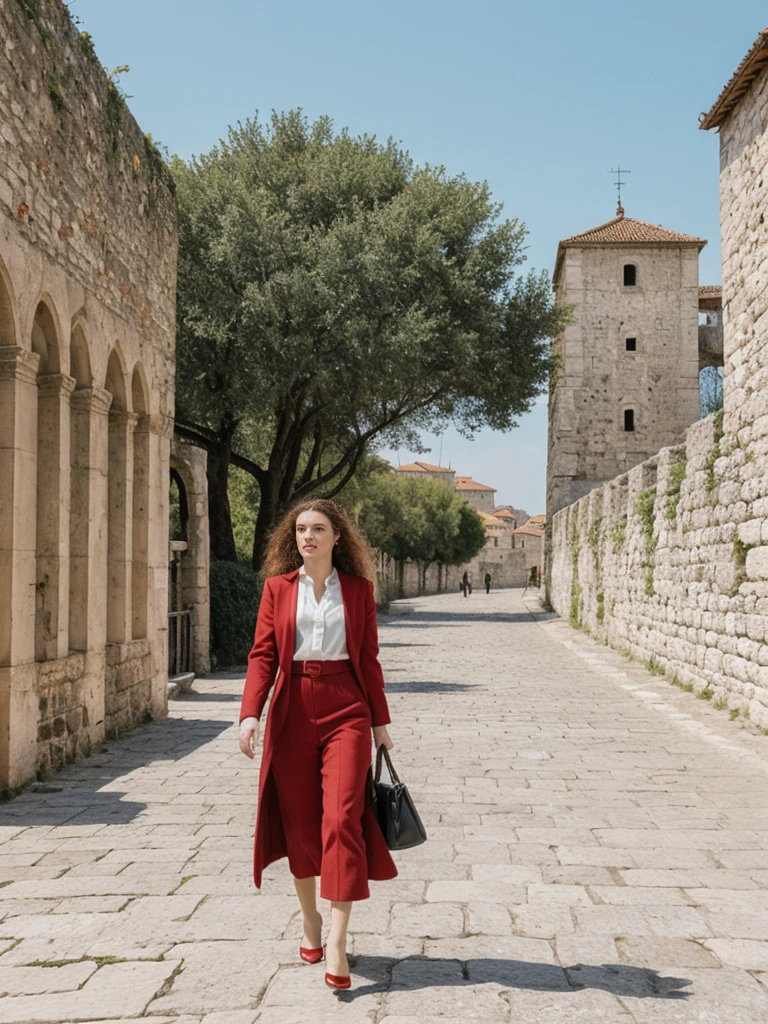 her name is Amelie, high quality, 1girl, ((25-year-old fit Caucasian woman)), ((25 years old)), ((BODY TYPE: HOURGLASS)), ((LONG CURLY HAIR)), pose: standing, wearing Well-dressed ULTRA MODERN Generation-Z modern wear VARIETY colored, BACKGROUND:  "Walking along the ancient city walls with panoramic views of the red-tiled roofs and the shimmering Adriatic Sea."