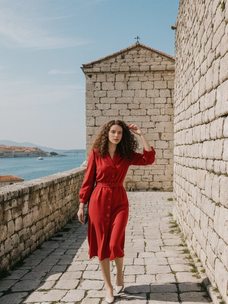 her name is Amelie, high quality, 1girl, ((25-year-old fit Caucasian woman)), ((25 years old)), ((BODY TYPE: HOURGLASS)), ((LONG CURLY HAIR)), pose: standing, wearing Well-dressed ULTRA MODERN Generation-Z modern wear VARIETY colored, BACKGROUND: "Walking along the ancient city walls with panoramic views of the red-tiled roofs and the shimmering Adriatic Sea."