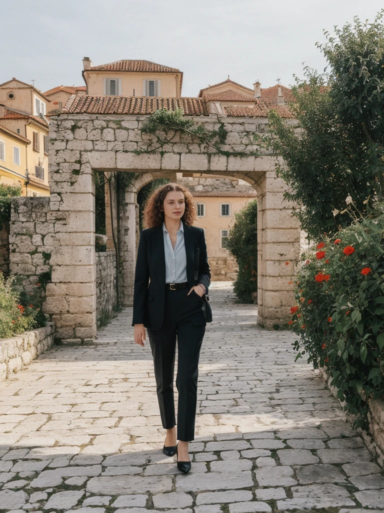 her name is Amelie, high quality, 1girl, ((25-year-old fit Caucasian woman)), ((25 years old)), ((BODY TYPE: HOURGLASS)), ((LONG CURLY HAIR)), pose: standing, wearing Well-dressed ULTRA MODERN Generation-Z modern wear VARIETY colored, BACKGROUND:  "Walking along the ancient city walls with panoramic views of the red-tiled roofs and the shimmering Adriatic Sea."