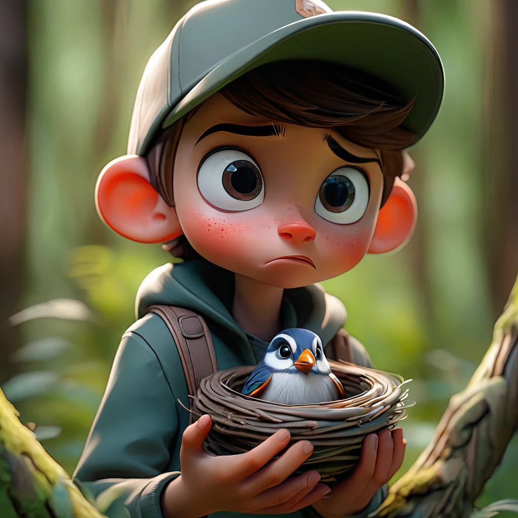 Boy wearing cap, looking at forest curious, holding a nest in hands (Masterpiece artwork: 2.1) (realisitic: 1.2) (bokeh) (best qualityer) (skin detailed: 1.3) (details Intricate) (8k) (Detail eyes) (sharp focus) 2.1