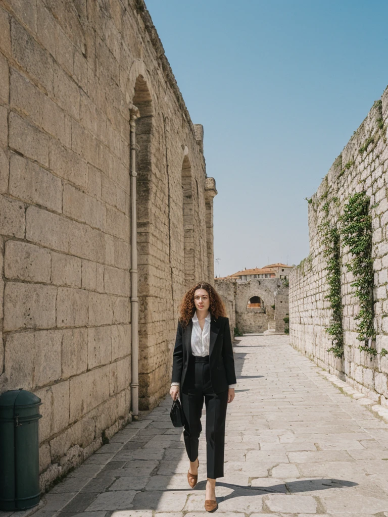 her name is Amelie, high quality, 1girl, ((25-year-old fit Caucasian woman)), ((25 years old)), ((BODY TYPE: HOURGLASS)), ((LONG CURLY HAIR)), pose: standing, wearing Well-dressed ULTRA MODERN Generation-Z modern wear VARIETY colored, BACKGROUND:  "Walking along the ancient city walls with panoramic views of the red-tiled roofs and the shimmering Adriatic Sea."