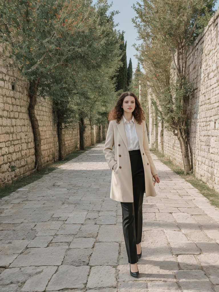 her name is Amelie, high quality, 1girl, ((25-year-old fit Caucasian woman)), ((25 years old)), ((BODY TYPE: HOURGLASS)), ((LONG CURLY HAIR)), pose: standing, wearing Well-dressed ULTRA MODERN Generation-Z modern wear VARIETY colored, BACKGROUND: "Walking along the ancient city walls with panoramic views of the red-tiled roofs and the shimmering Adriatic Sea."