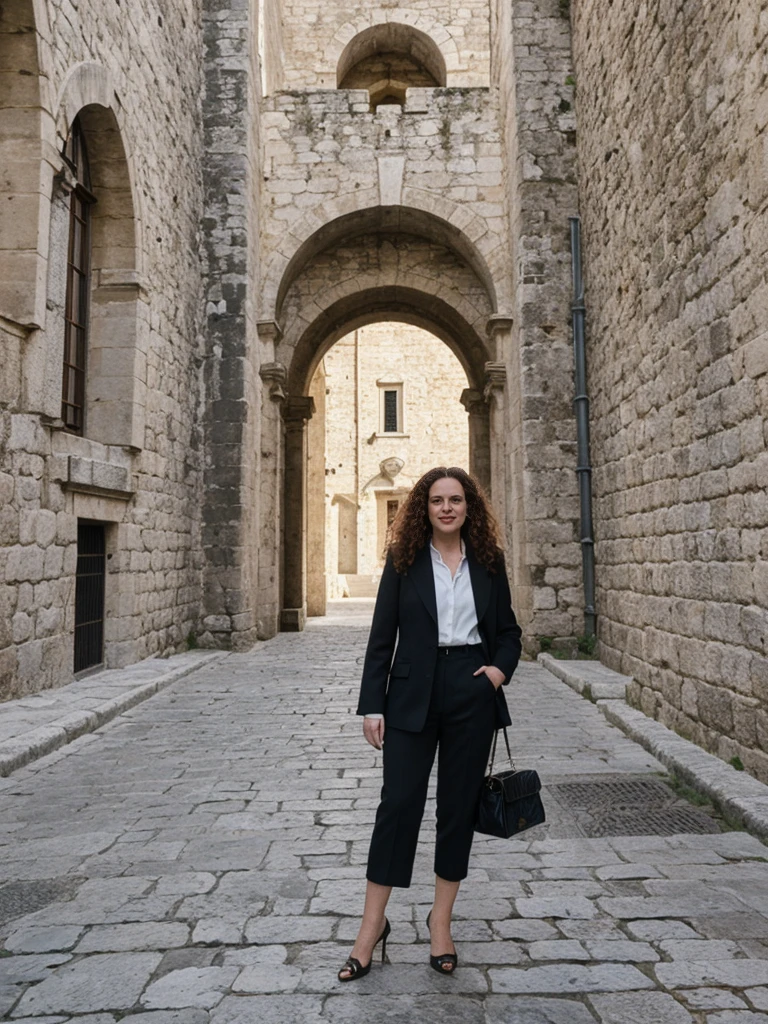 her name is Amelie, high quality, 1girl, ((25-year-old fit Caucasian woman)), ((25 years old)), ((BODY TYPE: HOURGLASS)), ((LONG CURLY HAIR)), pose: standing, wearing Well-dressed ULTRA MODERN Generation-Z modern wear VARIETY colored, BACKGROUND: "Walking along the ancient city walls with panoramic views of the red-tiled roofs and the shimmering Adriatic Sea."