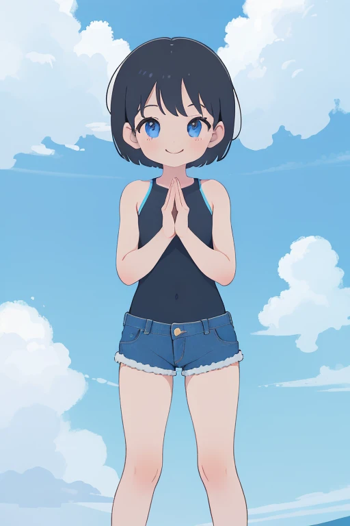 masterpiece,Highest quality,One girl,alone,Shorts,short hair,null,cloud,denim Shorts,Black Hair,Day,denim,Iris,smile,cut off,Put your arms behind your back,blue Shorts,short Shorts,Exposing shoulders,blue null,Pitch Resuit,Perfect Suit,Perfect costume,Yoga Suit,