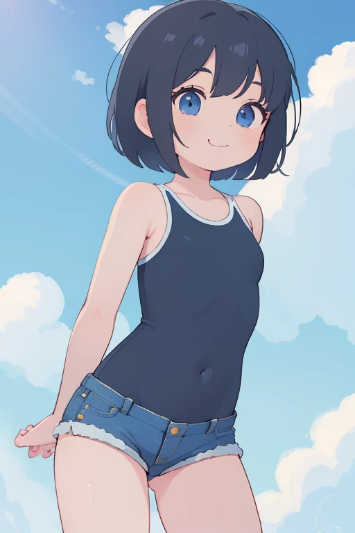 masterpiece,Highest quality,One girl,alone,Shorts,short hair,null,cloud,denim Shorts,Black Hair,Day,denim,Iris,smile,cut off,Put your arms behind your back,blue Shorts,short Shorts,Exposing shoulders,blue null,Pitch Resuit,Perfect Suit,Perfect costume,Yoga Suit,