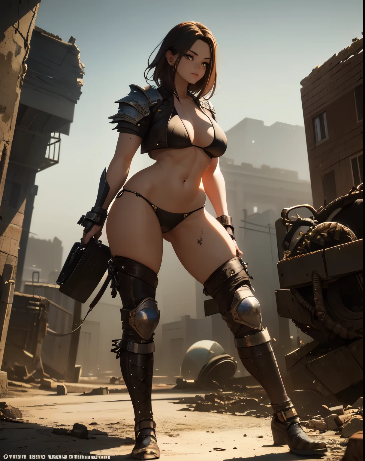 Beautiful Alluring Female Dystopian city dweller jenna ortega, oily gritty Skin, Athletic Well Toned Body, Rusty Scrap Metal Ornaments, dirty worn out leather jacket, bikini armor made of car parts and scrap metal, inside an overgrown ruined city, Dystopianpunk Theme, Dieselpunk, Beautiful D&D Character Portrait, Beautiful Face, Ominous, Dark Fantasy, Fiverr Dnd Character, Octane Render, Digital Art, Extreme Detail, 4k, Ultra Hd, Polished, Beautiful, Hyperdetailed, Intricate, Elaborate, Meticulous, Photorealistic, Sharp Focus, Wlop, Character Design, Unreal Engine, 3d Rendered, Volumetric Lighting, Reflections, Glossy, Digital Illustration, Sensual Pose, Suggestive Pose, Full Body Shot, underboob, 💖❤💕💋❣