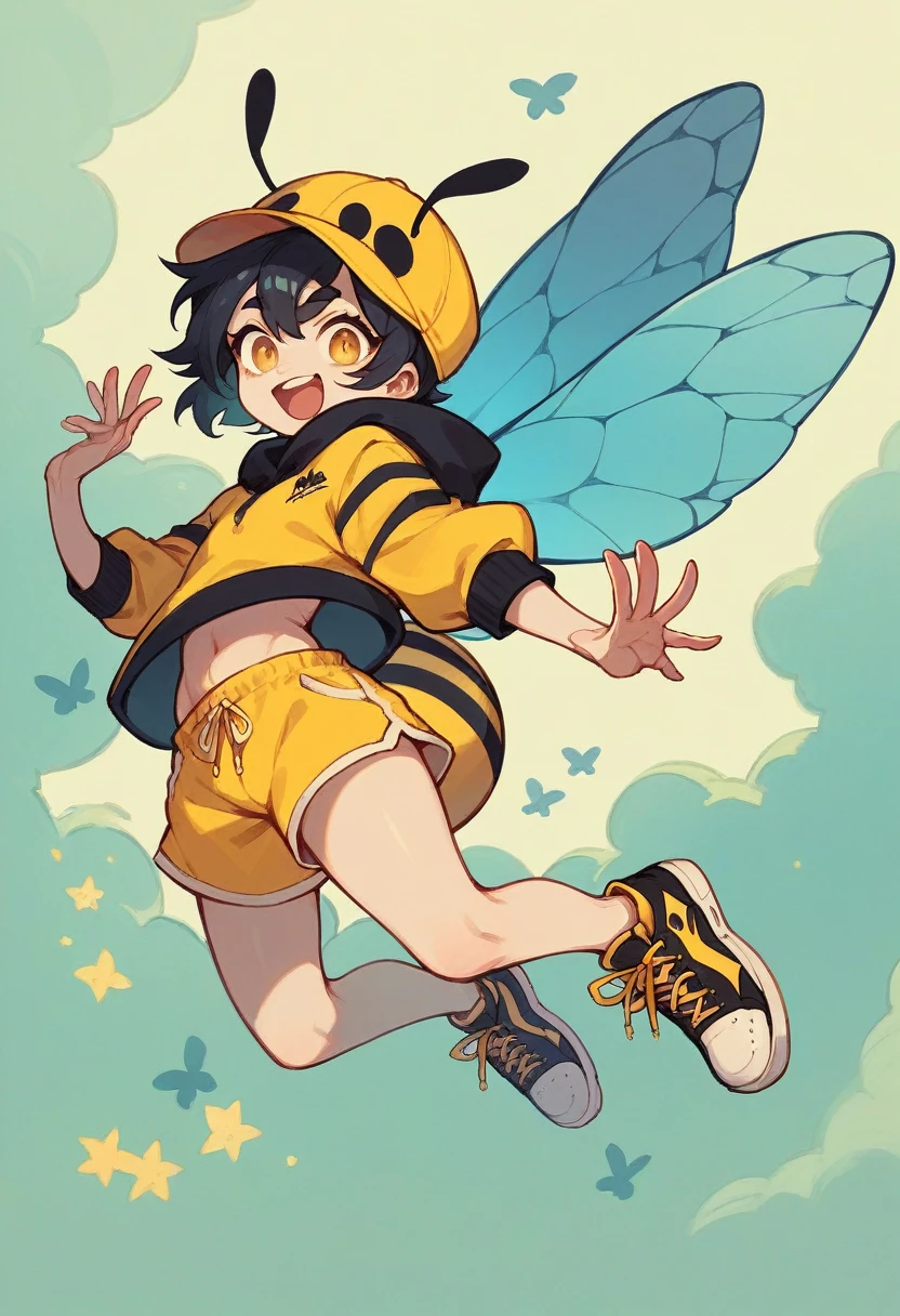 A character with the characteristics: black hair white skin happy face a white yellow and black outfit with black and yellow shorts and black sneakers with a bee hat with blue wings with the character flying