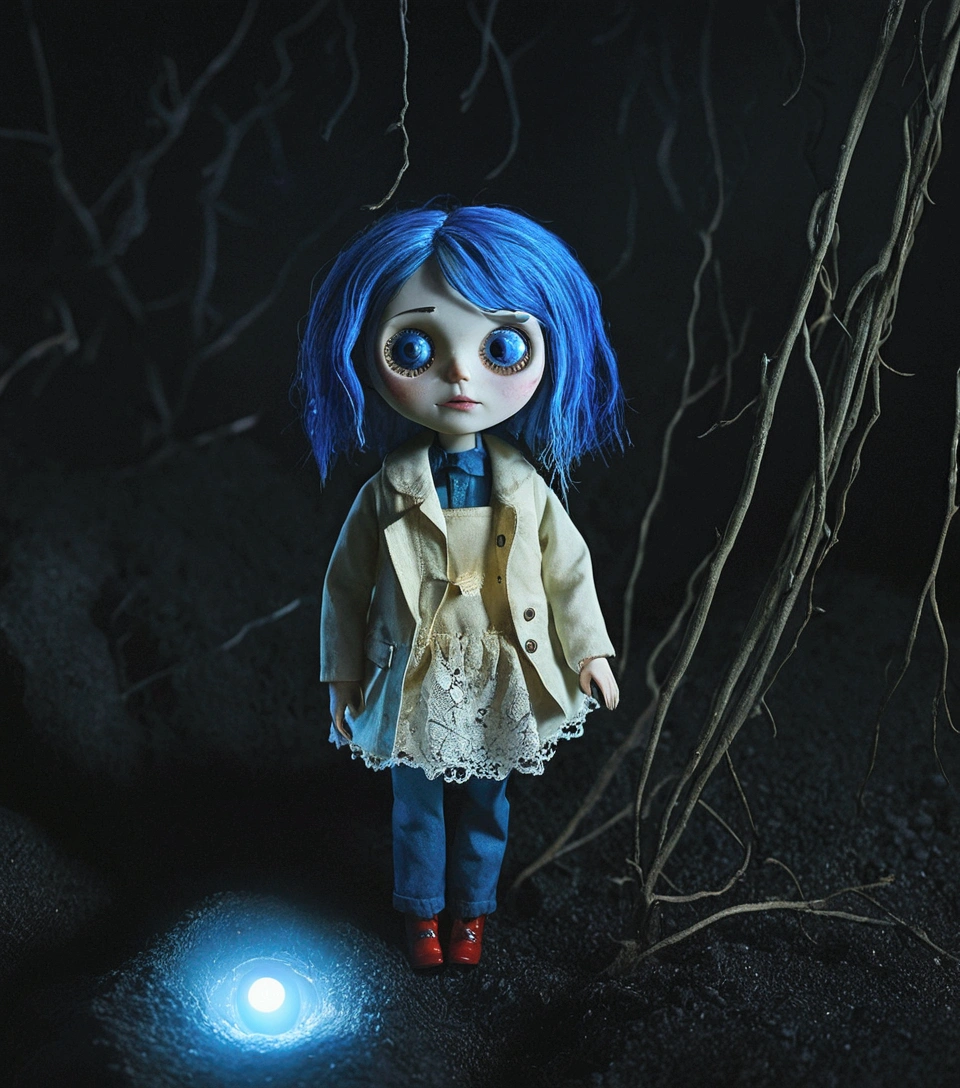 (Just change the landscape, not the doll) doll based on the movie “coraline”. blue hairs, horror film, dark light and night