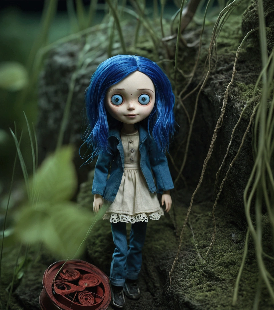 (Just change the landscape, not the doll) doll based on the movie “coraline”. blue hairs, horror film, dark light and night