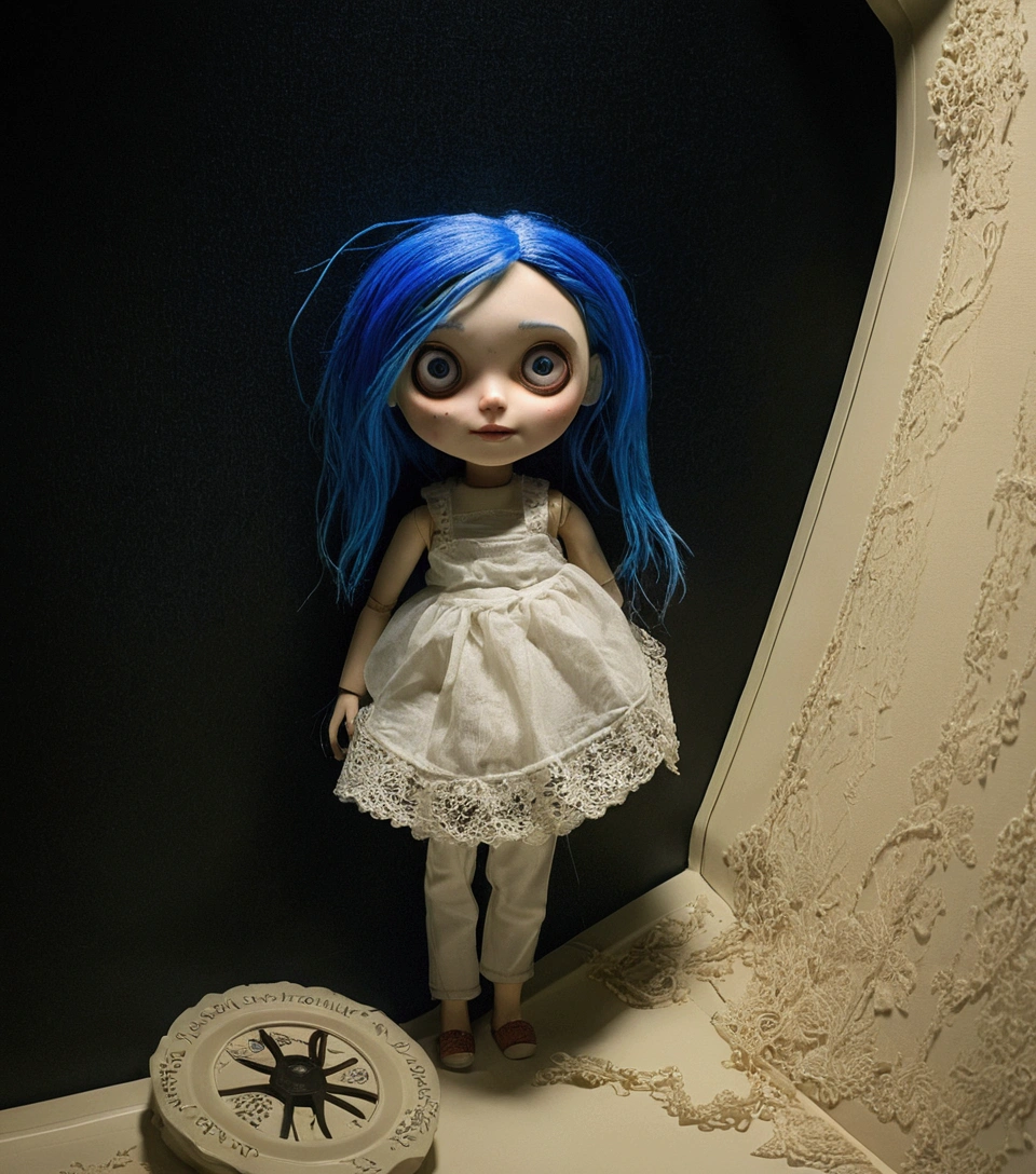 (Just change the landscape, not the doll) doll based on the movie “coraline”. blue hairs, horror film, dark light and night