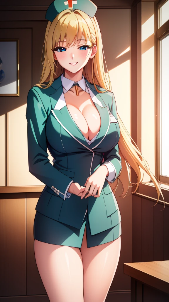 (Of the highest quality:1.5, High resolution, 超High resolution, 4k, detailed lighting, Shaders, perfect hand anatomy), straight blonde hair, big breasts, nurse uniform, neckline, thighs, smile, to throw, close up photography, They are standing, Hospital history