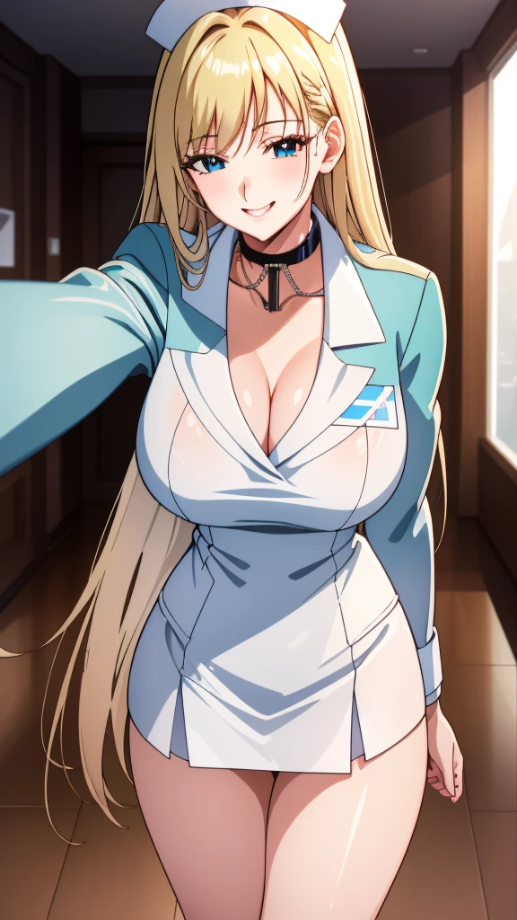 (Of the highest quality:1.5, High resolution, 超High resolution, 4k, detailed lighting, Shaders, perfect hand anatomy), straight blonde hair, big breasts, nurse uniform, neckline, thighs, smile, to throw, close up photography, They are standing, Hospital history