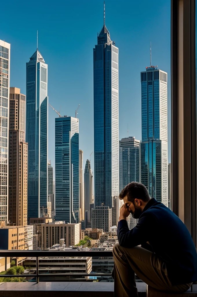 A sad man watching his city