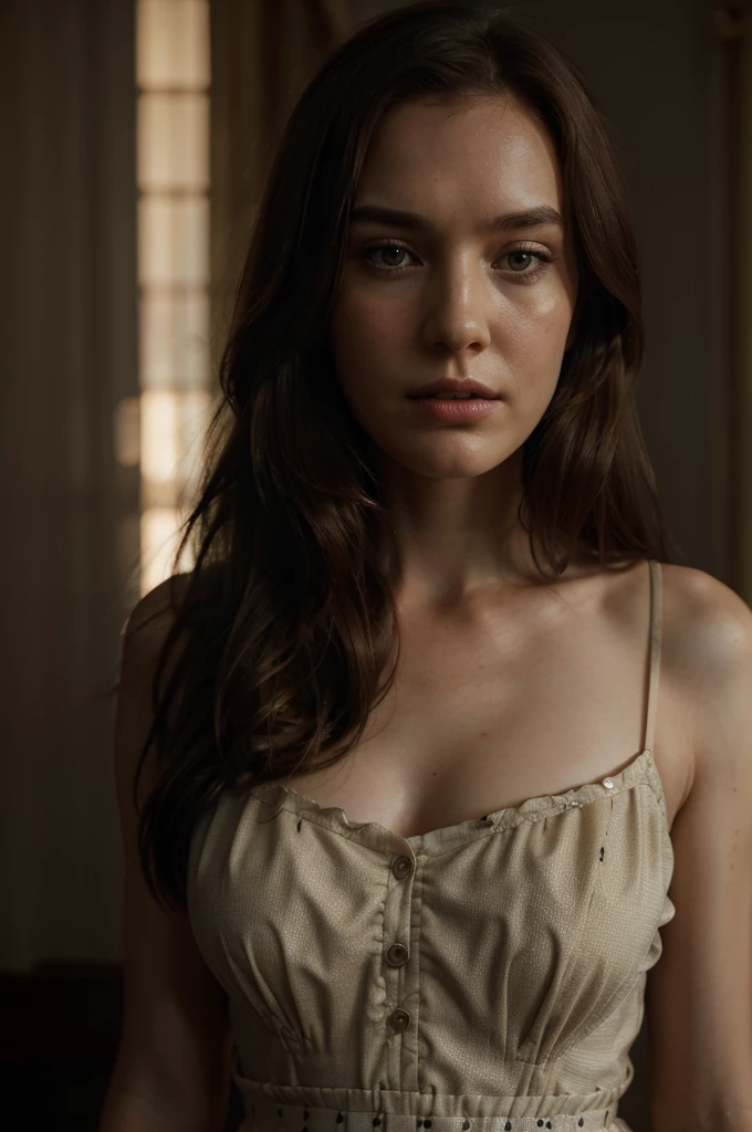 Elizabeth Henstridge with short brown hair, wearing a polka dot dress, slender figure, sad expression, detailed facial features, delicate skin, dramatic lighting, cinematic angle, high quality digital painting, muted color palette, photorealistic, 8k, masterpiece.