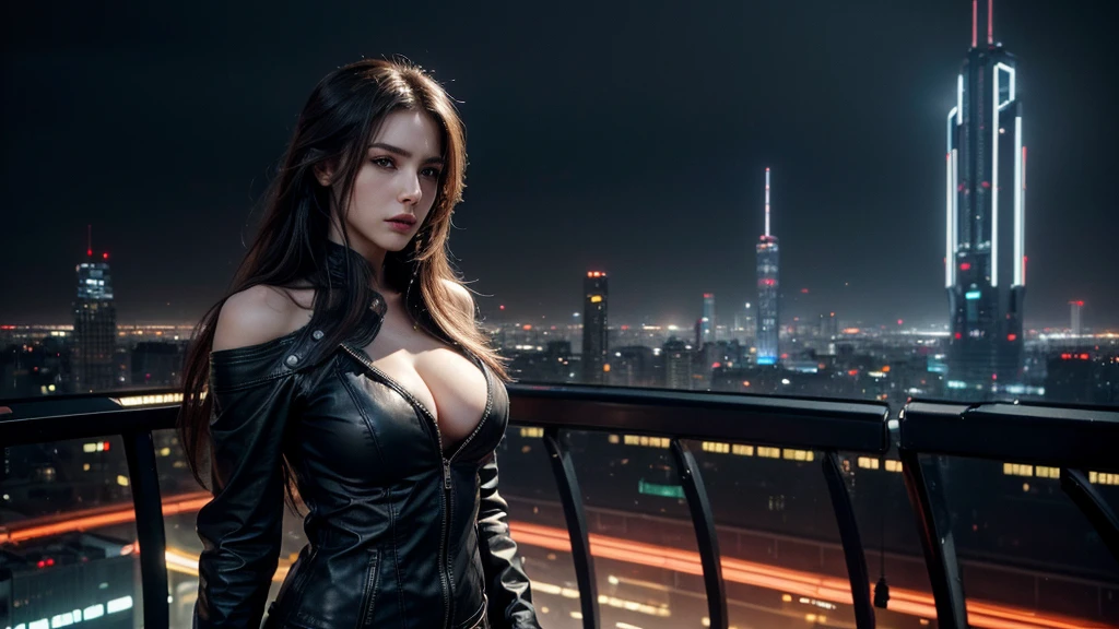 ((masterpiece, best quality, Highest image quality, high resolution, Reality, RAW photos, 8K)), futuristic city,Cyberpunk style city,standing on top of the building,Beautiful girl,Tight leather jacket,Off-shoulder,Large Breasts,Long hair,Black Wings,Pretty face,Closed mouth,dramatic,Mid-range portrait,midnight