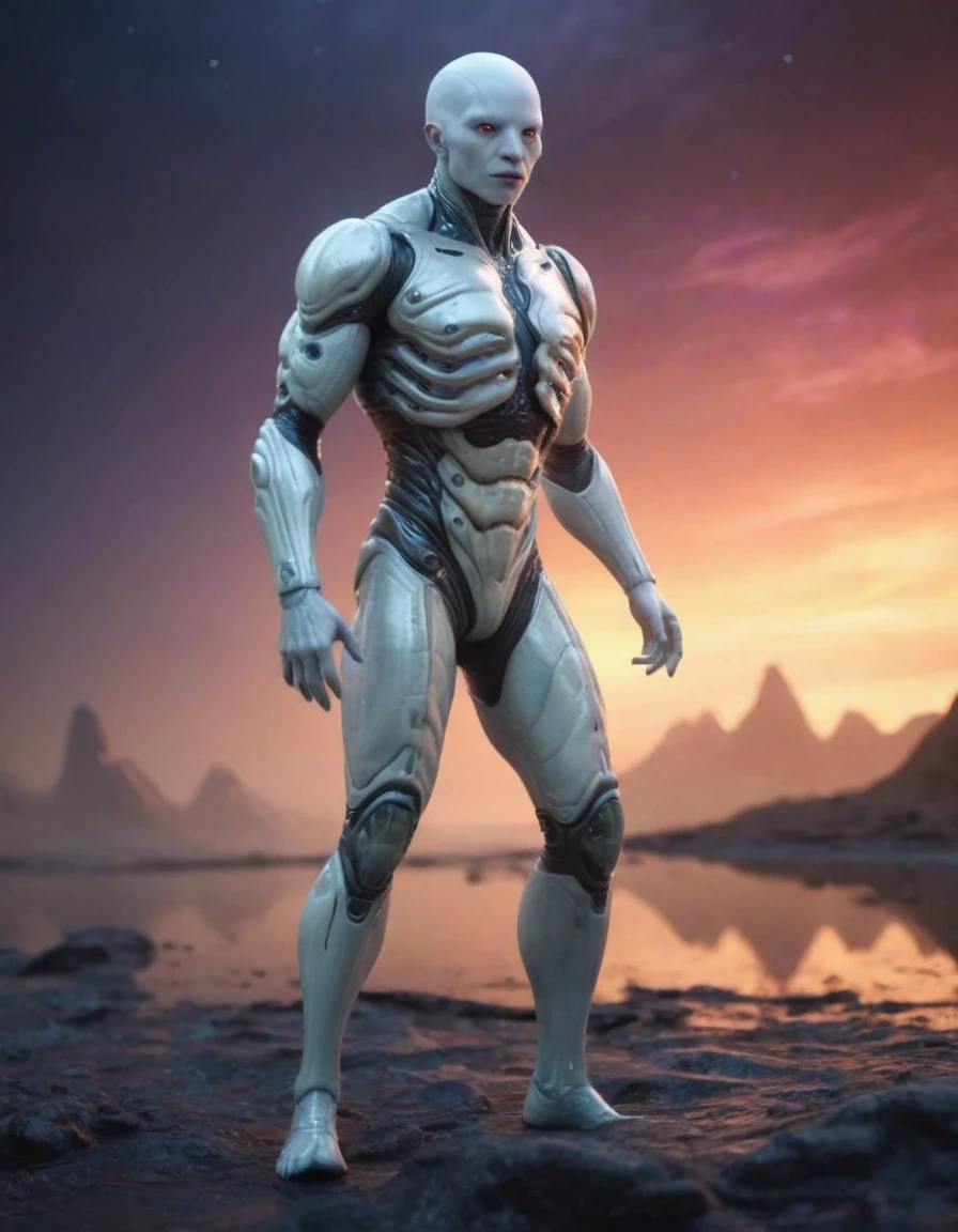 (focus on a hauntingly beautiful bioengineered gelatinous creature:1.2), organic cyborg, full body, alien landscape, albino, translucence, sheen, reflections, colorful dark unfocused background, (ultra resolution:2), detailed masterpiece, sachr, ziprealism