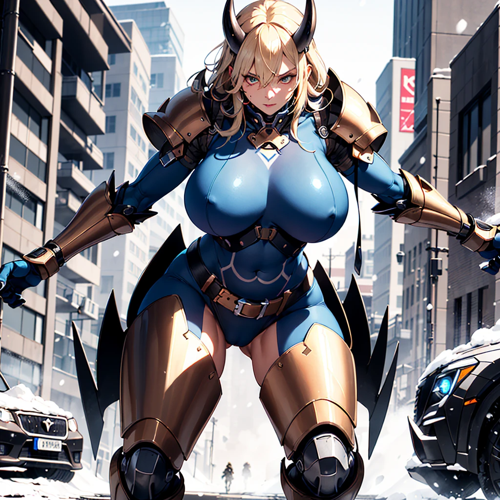 ((best quality)), ((masterpiece)), (detailed), 1girl, 8k_wallpaper, extremely detailed eyes, extremely detailed body, (large masterpiece digital art), ((perfect anatomy huge chest)), (intricate details:1.3 ), (ultra-detailed:1.3), (sharp focus:1.3), (natural lighting:1.05), (vivid colors:1.3), (best quality:1.4), high quality, expressive eyes, detailed face, beautiful face, perfect face, detailed ((blonde hair)), (gold eyes), ((large blue horns)), {{dark skin}}, ({dark skinned female}), gigantic breasts, nipple and belly piercings, strong powerful arm muscles, chilly powerful leg muscles, strong powerful abdominal muscles, ((dressed in heavy combat steel cyber close armor of a dark red steel color)), a military radio hanging on her belt, she is dressed in heavy steel closed-type cyber armor, a heavy armored cyber exoskeleton, powerful armor covers her entire body, she stands on a winter evening in the middle of the ruins of the old city next to a fantastic cyber military SUV against the backdrop of high snowy mountains, it is snowing,