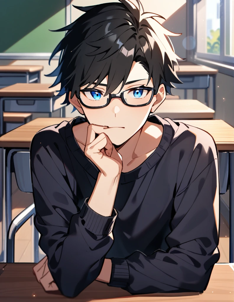 16 year old age boy, long black hair, wearing a dark blue sweatshirt, wearing prescription glasses with beautiful blue eyes, sitting at a table in the classroom, with his hand under his chin