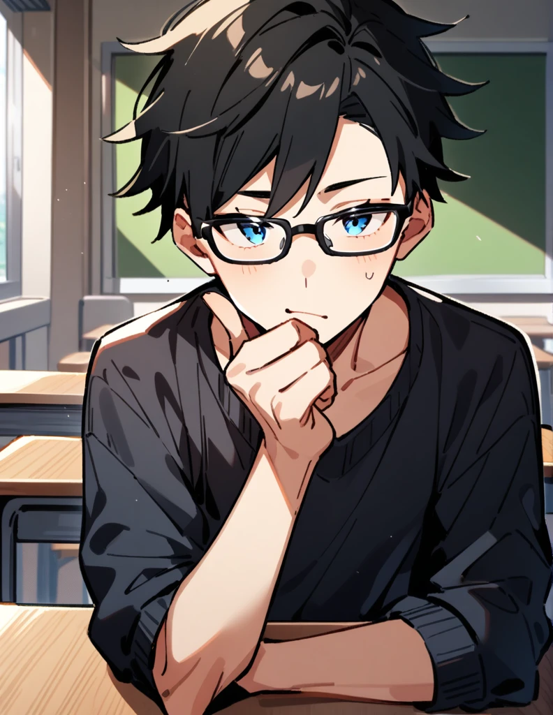16 year old age boy, long black hair, wearing a dark blue sweatshirt, wearing prescription glasses with beautiful blue eyes, sitting at a table in the classroom, with his hand under his chin