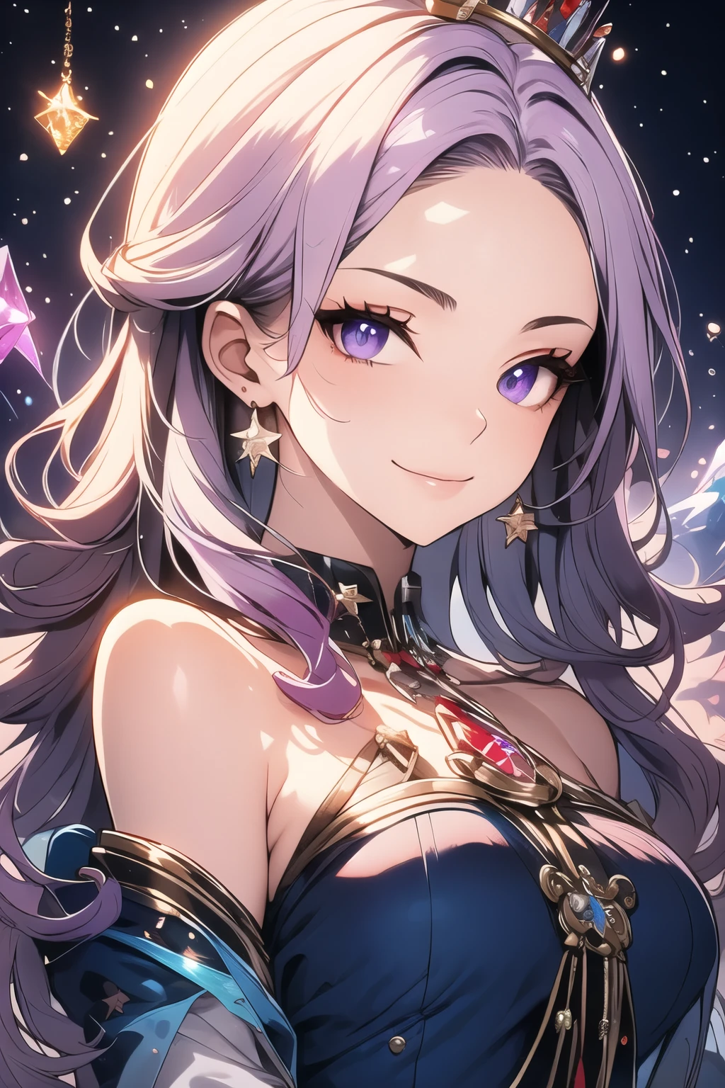 ((best quality)), ((masterpiece)), (detailed), detailed eyes, detailed hands, body image from chest to above her head, humanoid kitsune, crystal coronet crown on top of head, light purple hair, light purple fox ears, eight-point crystal star on forehead, delicate and beautiful detailing, beautiful face, well-proportioned detailed eyes, round detailed eyes and makeup, beautiful detailed and clear eyes, volume smooth and sharp, long flat bangs, fictional art, best photos, best quality, best photos, very beautiful and meticulous eight-point crystal star shape on forehead, delicate, mouth closed smile, not fully smiling