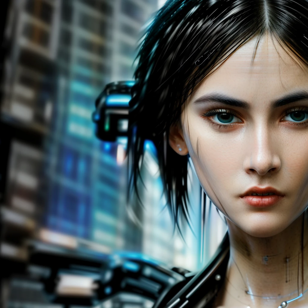 (photorealistic Realism 16K Quality, ultra-fine digital art), (Hyper-realistic proportional body, anatomically correct:1.3), (((beautiful cyberpunk woman))), ((upper body to navel shot:1.21)), Portrait, ((Short, bright red, messy hair)), Black Eyeshadow, ((futuristic cyberpunk street style:1.3)),((futuristic biomechanical implants)), (Urban Background:1.35), Heavy makeup, Digital Art, Trending on Art Station, highly detailed, The finer details, Complex, beautiful detailed glow, (super detailed beautiful, slim and sharp-face), (light pale complexion). BREAK, (Super beautiful, ((Insanely details brown_eyes1.3)), ((Hyperrealistic sharp real human eyes)), (tired and sleepy and satisfied:0.0), perfect round eyes, (finely detailed pupils:1.3), detailed, (neon lighting), High resolution, detailed facial features,Sharp focus, Smooth, beautiful, (dark_shot:1.1), This work is in the style of (science fiction futurism) with a (cold palette) that adds depth and richness to the scene, creating a sense of ((anger)) and ((suffering)). (The landscape) is harmoniously balanced, inviting the viewer to immerse themselves in the atmosphere of the cyberpunk city, feel the breeze and listen to the gentle ((falling rain)).