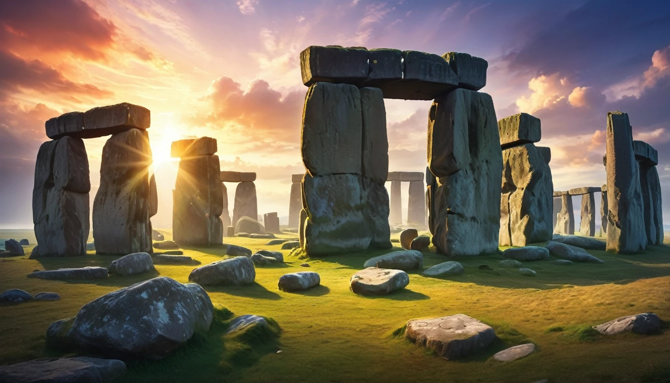 (anime, fantasy, Stonehenge),(best quality, highres, HDR:1.2),vibrant colors, mysterious atmosphere, weathered, crumbling down, debris, general shot, ethereal light, fantastical landscapes