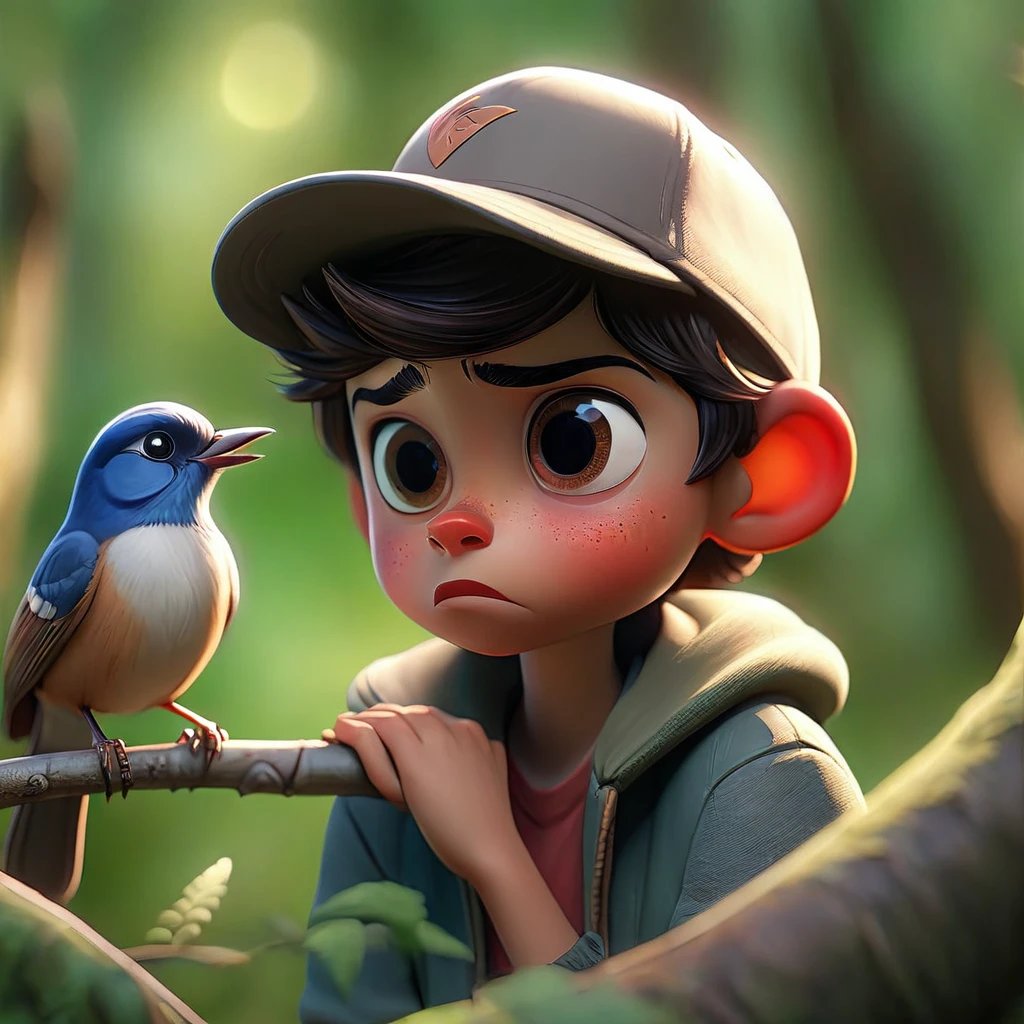 Boy wearing cap, looking at forest curious, looking at a bird singing on the branch (Masterpiece artwork: 2.1) (realisitic: 1.2) (bokeh) (best qualityer) (skin detailed: 1.3) (details Intricate) (8k) (Detail eyes) (sharp focus) 2.1