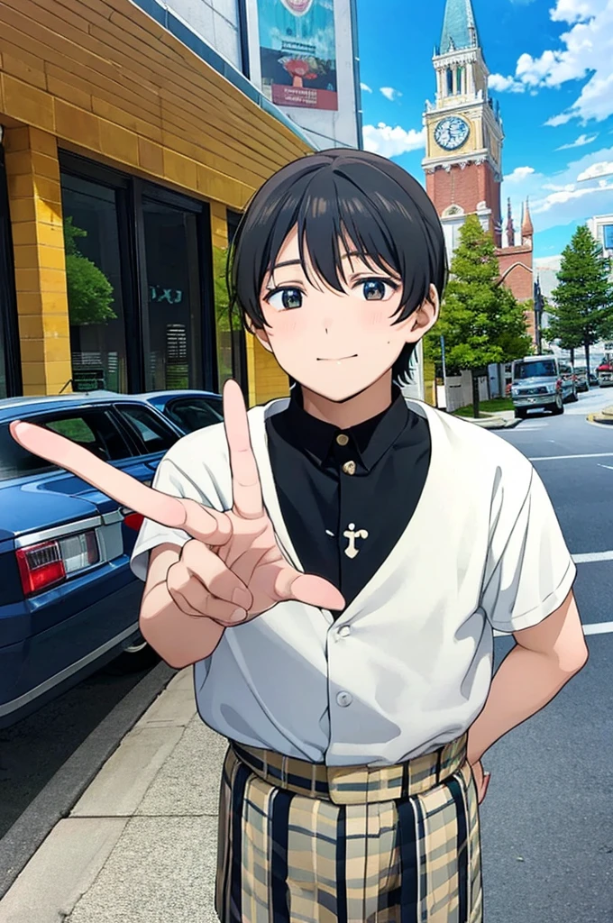 Chubby male ager, 20 years old,Occupation: taxi driver,Standing pose with two fingers,In front of the taxi near the church