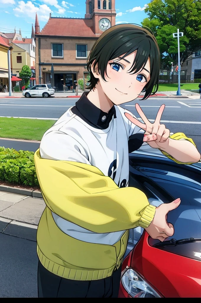 Chubby male ager, 20 years old,Occupation: taxi driver,Standing pose with two fingers,In front of the taxi near the church