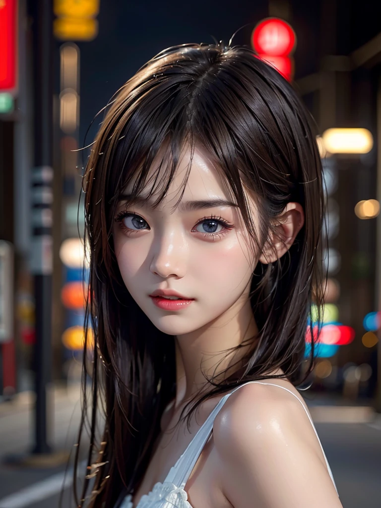 1girl, Tokyo street,night, cityscape,city lights, upper body,close-up, 8k, RAW photo, best quality, masterpiece,realistic, photo-realistic, Bule eye:1.4, Hair Style random, front cover,