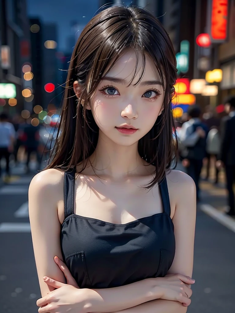 1girl, Tokyo street,night, cityscape,city lights, upper body,close-up, 8k, RAW photo, best quality, masterpiece,realistic, photo-realistic, Bule eye:1.4, Hair Style random, front cover,