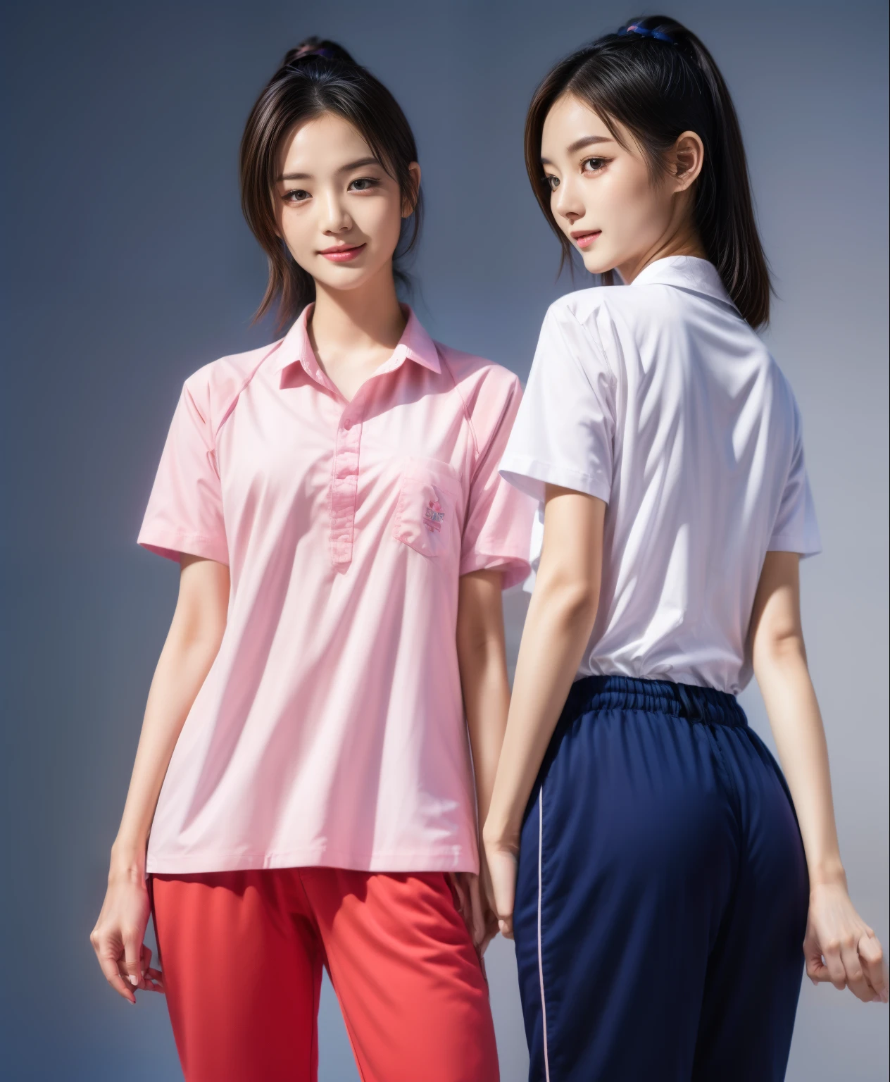 (best quality,10,10,height,Masterpiece:1.2),Special details,(realistic,ภาพrealistic,Realistic photos:1.37),1 Cute girl in the kitchen,shiny, ผิวshiny,only,smile softly,BDclothelue shirt:1.3)),short sleeve,shirt, กางเกงขาlong.,(navy_long_track pants:1.1), ((Kitchen Background)),Dynamic angle,excited,Face focus,dynamic poses,from behind,focus on ass,Masterpiece, best quality, ultra realistic, hyper detail, 8k resolution, raw photos, Sharp focus, ((Navy blue shirt:1.1)), short sleeve, เส้นทางlong, perfect body, 2 mature women, 18 years old, Cinema-grade lighting system,blue sweatpants,shirtผ้าออกกำลังกาย,correct anatomy,perfect body, correct body, Sharp face, correct bodyทางกายวิภาค, full body, realistic gestures, long-haired, realistic poses,Wear long shorts...........................,ช่วงขาlong,Good shape,carved girl, Slender figure, model, Good shape, beautiful body,blue sweatpants, two girls kissing