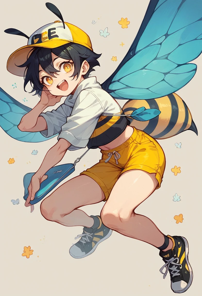 A character with the characteristics: black hair white skin happy face a white yellow and black outfit with black and yellow shorts and black sneakers with a bee hat with blue wings with the character flying