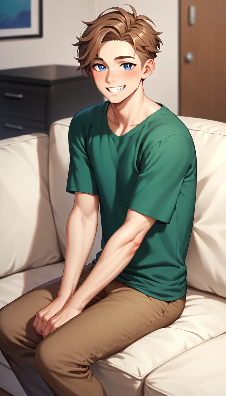 1 ADULT MAN, long shoulder length brown hair, blue eyes, white skin, solo, lean, sharp jawline, handsome, slender body, tall, almond-shaped eyes, dark green shirt, brown pants, kind smile, hands folded on lap, living room, sitting on couch slight blush,