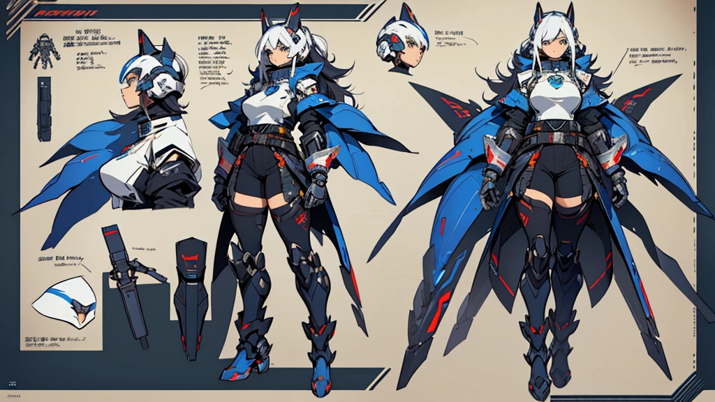 Close-up of a plump girl in a mechanical bodysuit, ((character concept art)), ((Character design sheet, same character, on front, from on the side, At the back)) Character image, mecha game character design, Mecha game character design, long hair, hair color: pure white with blue bangs, Age: 17, eyecolor: black, She wears gloves on her hands, Wears mecha boots. During the use of certain abilities, A soft helmet is formed on the head of nano parts. She has a code name around her neck, expert high detail concept art, Concept art of a mecha armored girl, Fun character design. ConceptArt, belt buckle at the waist,Mecha style weapons,A