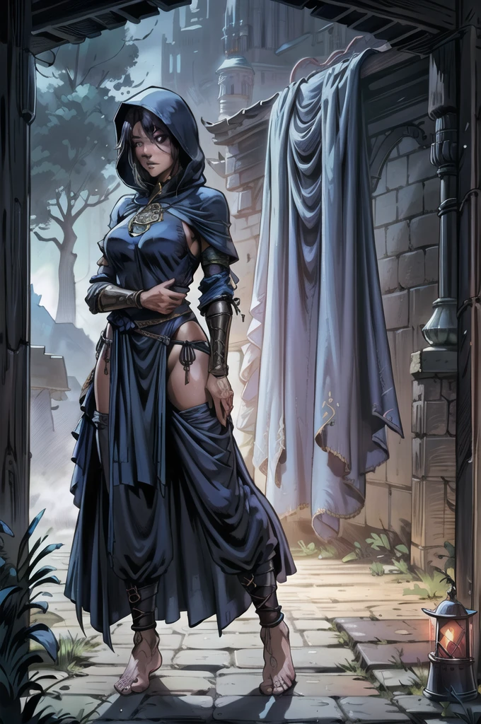 cowboy shot, a photo of a beautiful woman, as a mage, wearing a long flowing blue hood, compression sleeves, embroidered dark red baggy [cargo:harem:0.3] pants, barefoot, detailed cloth folds, torchlit, cobblestone path, foreboding castle in the background, detailed facial features, lit from underneath