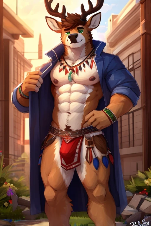 (masterpiece, Best Quality:1.2), free standing, deer, detailed face, detailed body, 5 fingers, Detailed hands, strong abs, pair of nipples, defined pectorals, green eyes, detailed eyes, short hair same coat color, 2 arms, homosexual, crotch bulge, tribal clothing, por pache riggs