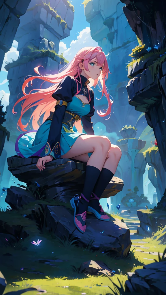 anime-style illustration, The image shows a young woman sitting on the grass watching overlooks the vast expanse of clear blue sky, flower colorful color blue red green purple yellow, fantasy world medieval, rocks, vibrant style, Vibrant colors include deep purples, electric blues, neon pinks, and shimmering golds. The lighting is ethereal, intense and rich COLORS VIVID, glowing everywhere, dramatic lighting, epic, majestic, awe-inspiring, mystical, ethereal, The sky above is clear blue sky, The atmosphere is full of magical color films, High Detail.