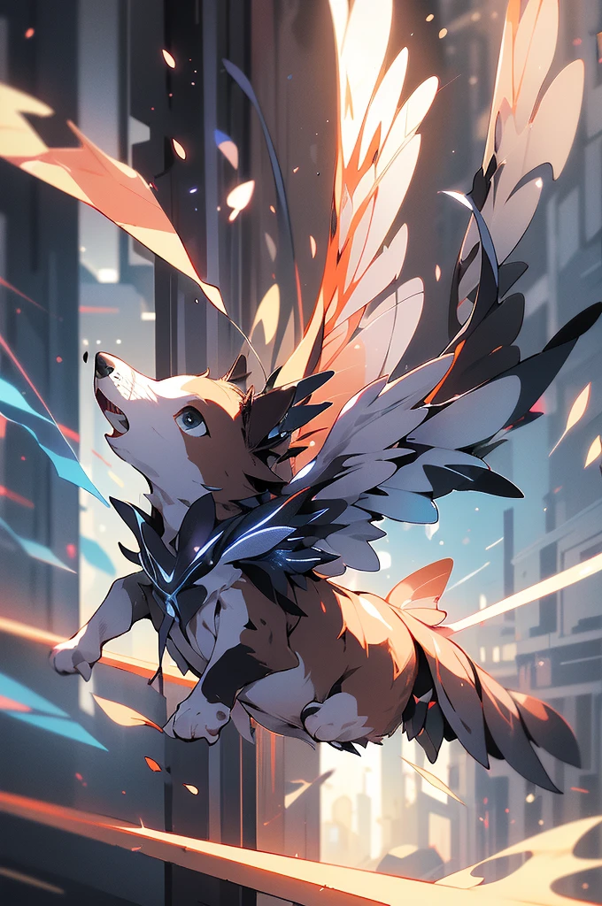 Flying puppies, the tail and walk happily，Dogs appear，4K clarity，Anime Dogs，Painting style heals itself