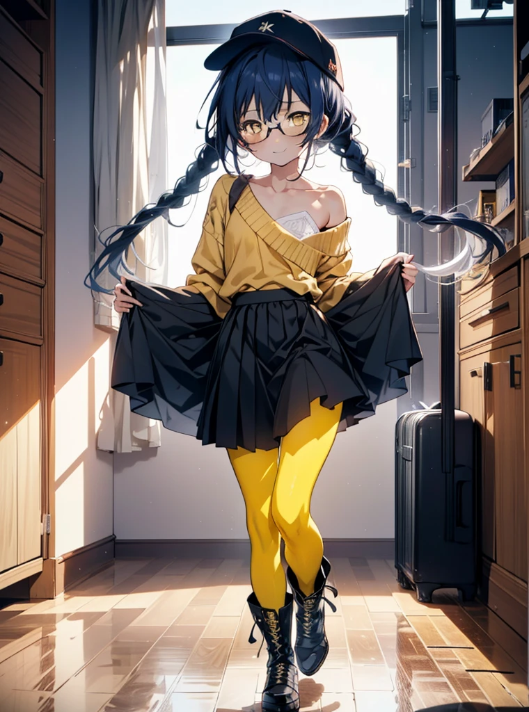 you like it, Umi Sonoda, Long Hair, Blue Hair, (Yellow Eyes:1.5) (Flat Chest:1.2),Blue one-shoulder sweater,Long skirt,Black Pantyhose,short boots,Baseball cap,Black-rimmed glasses,Long braids,smile,walk,morning,morning陽,The rising sun,On the way to school,whole bodyがイラストに入るように,
break looking at viewer,whole body,
break outdoors, station,
break (masterpiece:1.2), Highest quality, High resolution, unity 8k wallpaper, (shape:0.8), (Beautiful attention to detail:1.6), Highly detailed face, Perfect lighting, Extremely detailed CG, (Perfect hands, Perfect Anatomy),