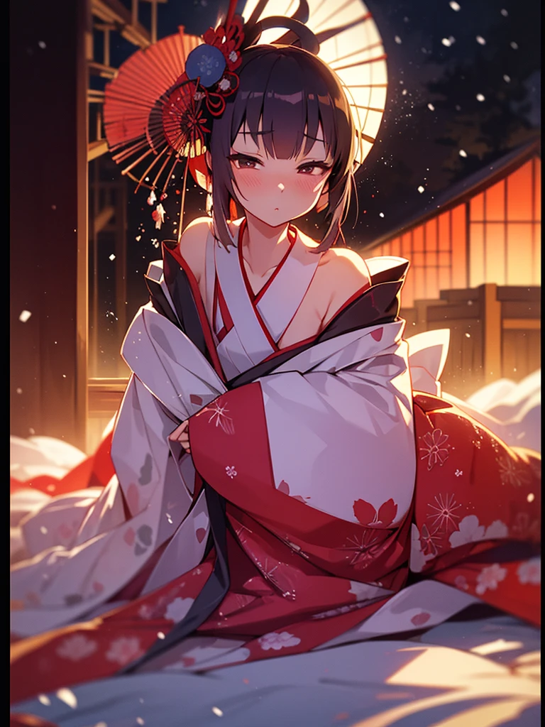 (Sumilux f1.4 50mm , low Latitude old color negative film , cross process , bokeh, flare, chromatic aberration , soft focus, (Shallow focus) , soft glow , Maximum aperture, High Key , Transparent depiction) , kawaii hentai anime , Elegance erotica , Japanese Heian period , Shrine maiden girl, kitsune mask , (round Maro eyebrows) , kimono , (Peony flowers blooming:0.8) , Snow is falling , steamy breath , Kagura Dance , passion , Drinking amazake , Drunkard , seduce , Hyakki yagyo emaki , Demons and monsters run rampant , Clothes come undone , semi nude