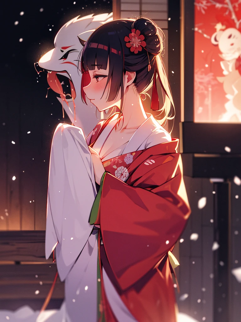 (Sumilux f1.4 50mm , low Latitude old color negative film , cross process , bokeh, flare, chromatic aberration , soft focus, (Shallow focus) , soft glow , Maximum aperture, High Key , Transparent depiction)  , kawaii hentai anime , Elegance  erotica , Japanese Heian period , Shrine maiden girl, kitsune mask , (round Maro eyebrows) , kimono , (Peony flowers blooming:0.8) , Snow is falling , steamy breath , Kagura Dance , passion , Drinking amazake , Drunkard , seduce , Hyakki yagyo emaki , Demons and monsters run rampant , Clothes come undone , semi nude , on the futon , bare Collarbone