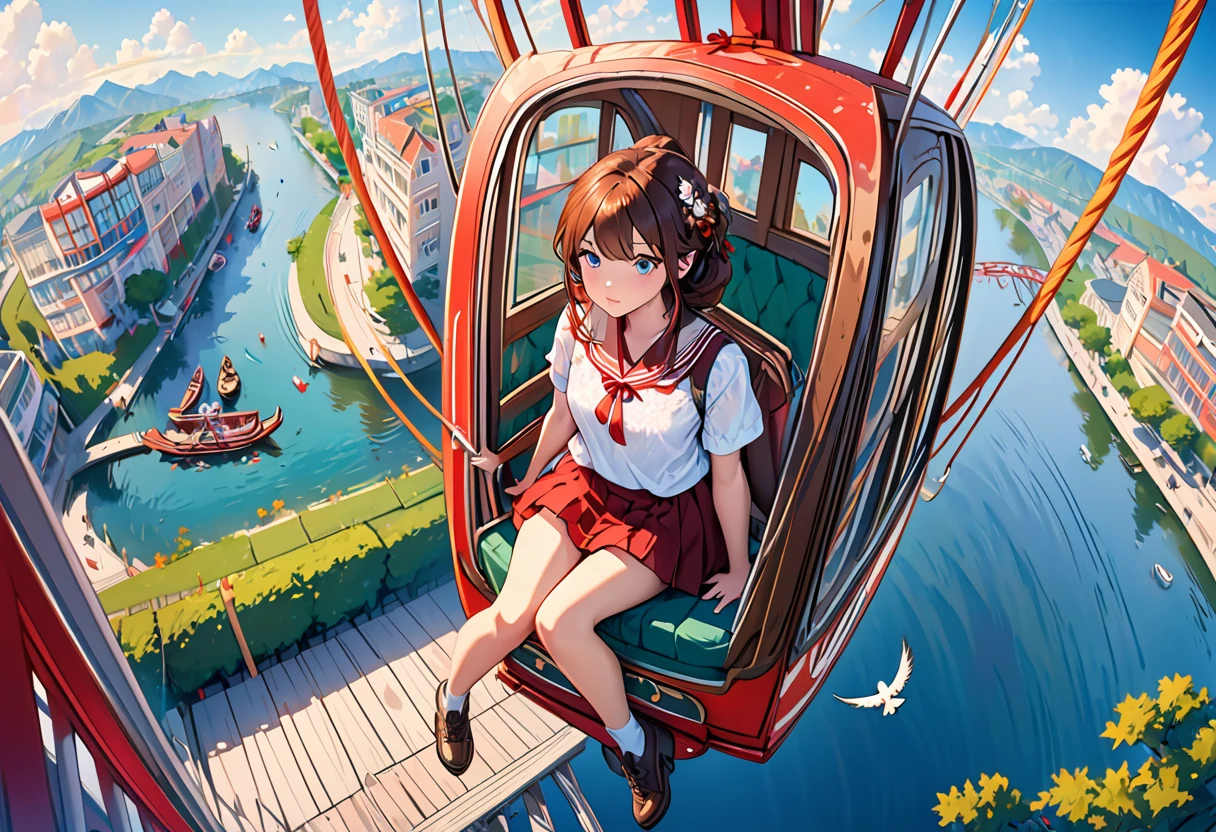 (Highest quality, Super detailed, Realistic: 1.37), Humorous, Cartoon style, Thick lines, Bright colors, Bird's eye view, A passenger's perspective on a gondola, Romantic comedy, A high school girl on a Ferris wheel sits on a chair inside the gondola, (leaning forward:1.4) and shyly holding down her miniskirt in a hurry (holding down: 1.4), (Front view of her figure: 1.5)
