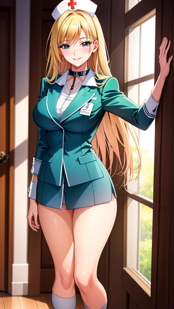 (of the highest quality:1.5, high resolution, 超high resolution, 4k, detailed lighting, Shaders, perfect hand anatomy), blonde straight hair, big breasts, nurse uniform, neckline, Thighs, SMILE, to throw, close up photography, They are standing, Hospital history