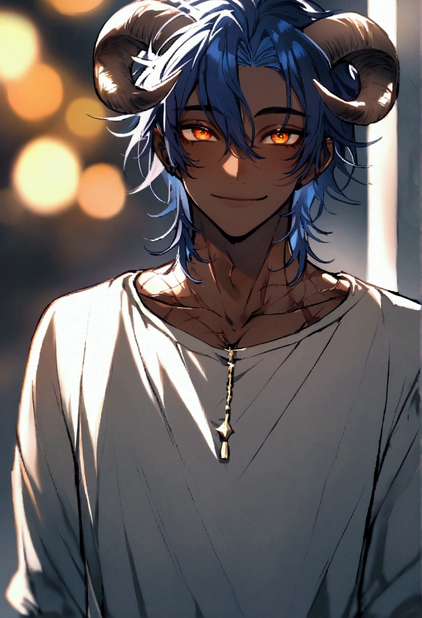 male, boy, brown skin, navy blue hair, messy hair, orange eyes, scars all over his body, Yagimimi, has goat horns, casual clothes, smiling